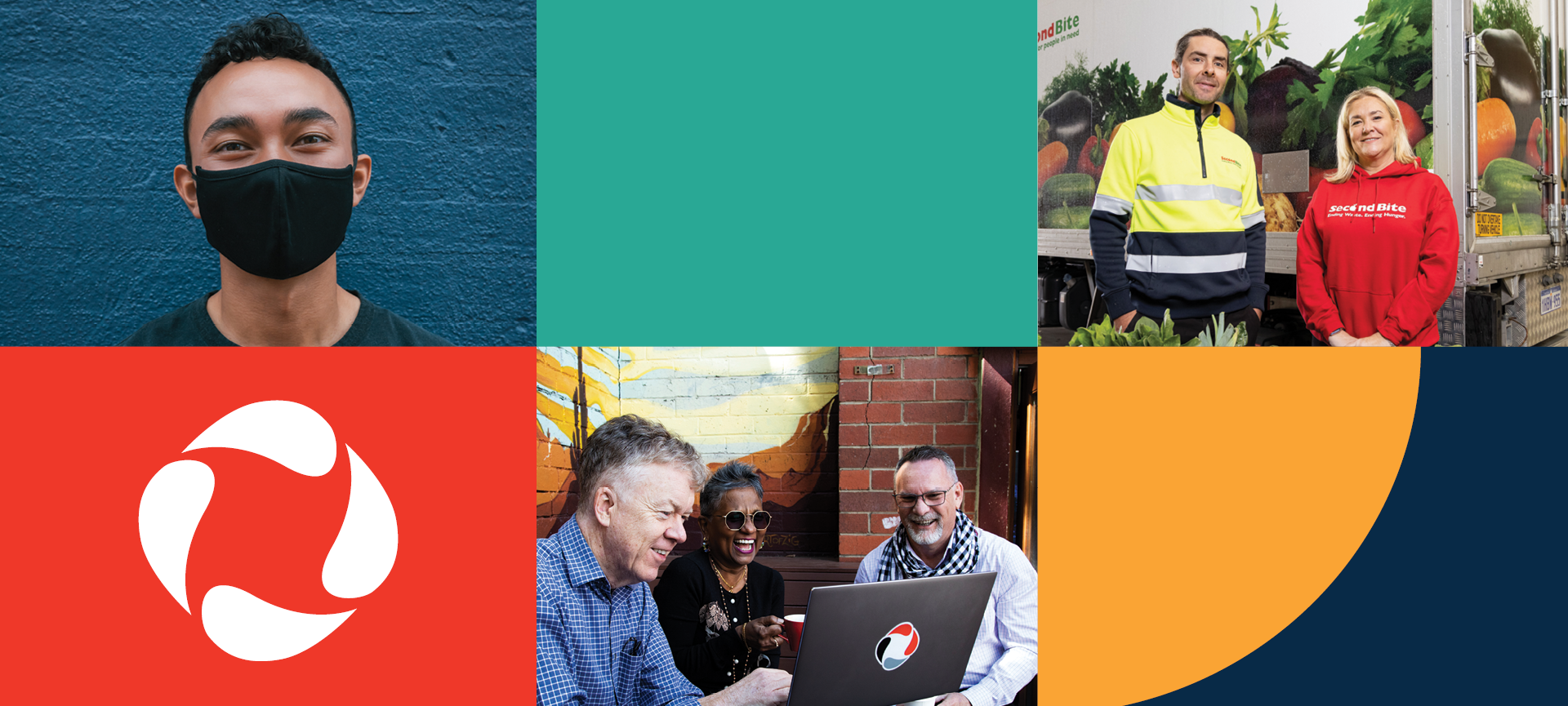 collage of images: infoxchange logo, staff around a laptop, man in face mask, tram with ask izzy advertising on the side