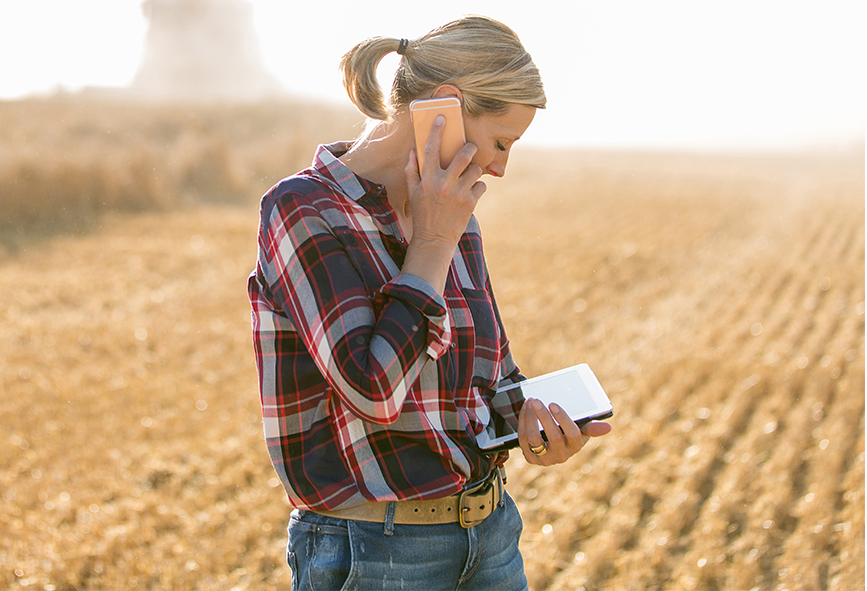 Woman in dry field speaking on smartphone looking at an iPad
