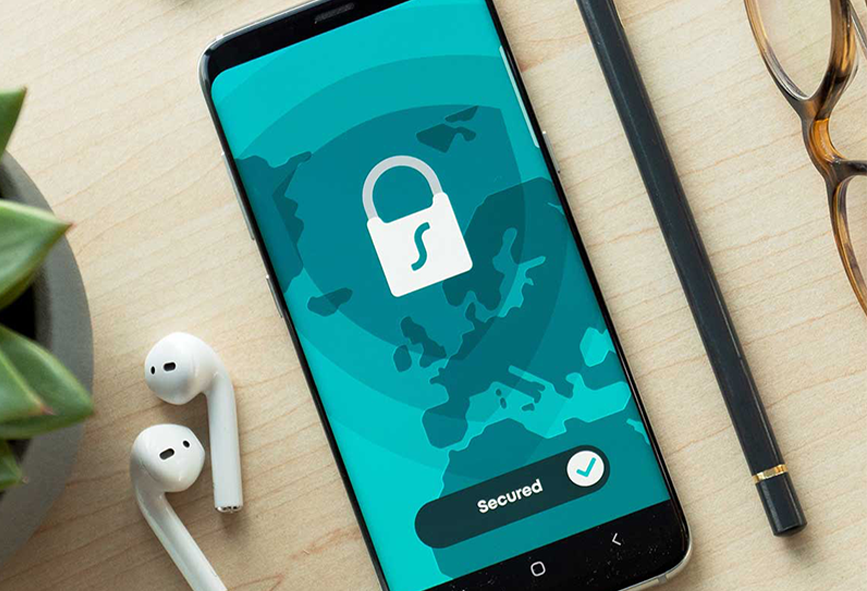 Smartphone with lock icon on screen. Text reads secured.