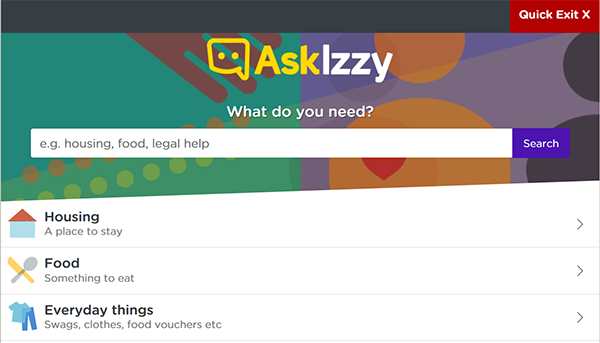 Ask Izzy quick exit button screenshot 1