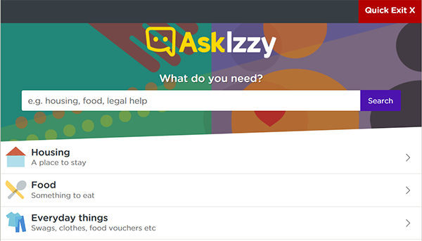 Ask Izzy quick exit button screenshot 1 Ask Izzy quick exit button screenshot 1