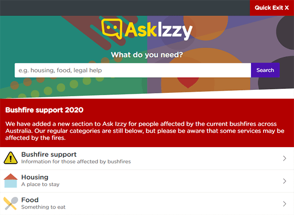 Ask Izzy bushfire support screenshot