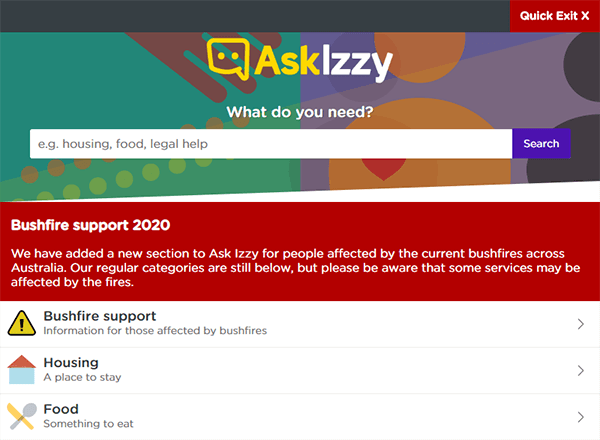 Ask Izzy bushfire support screenshot Ask Izzy bushfire support screenshot
