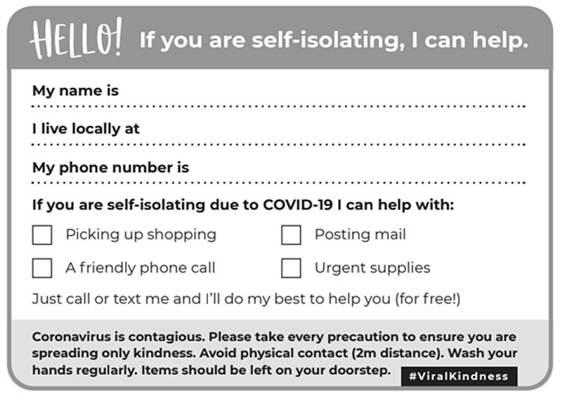 Postcard offering help to people self-isolating